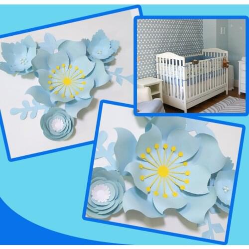 Handmade Light Blue DIY Paper Flowers Leaves Set For Party Backdrops Decorations Baby Girl Nursery Wall Art Deco Craft Floral