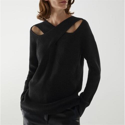 2020 Autumn Winter New Hollow Criss-Cross Design Slim Black Sweater Top Women Off-shoulder Base Knitted Shirt