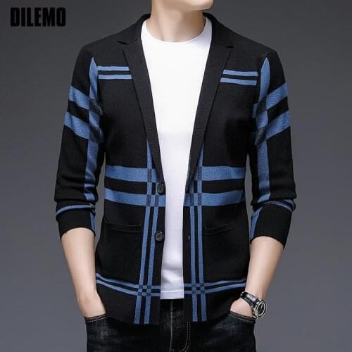 New Designer Luxury Brand Casual Fashion Plaid Slim Fit Mens Knitted Blazer Suite Jacket Elegant Top Quality Mens Clothing 2021