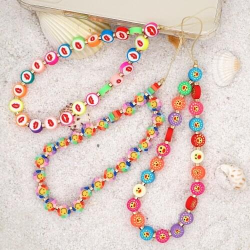 Handmade Mobile Phone Lanyard Strap Colorful Cute Red Lip Sunflower Little Duck Pendant Beads Phone Chain Hanging Cord