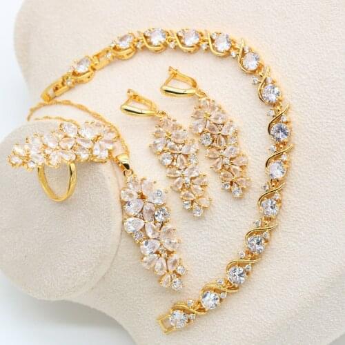 Luxury White Zirconia Gold Color Bridal Jewelry Set for Women Bracelet Earrings Necklace Pendant Ring Green Stones Birthday Gift