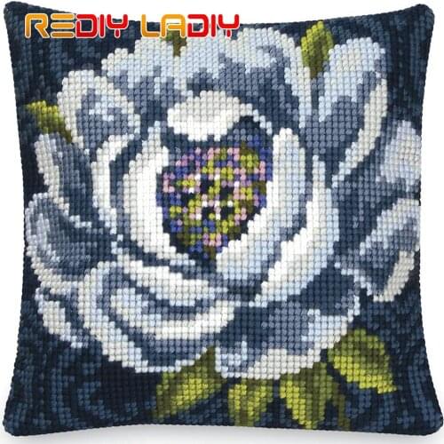 DIY Cross Stitch Cushion Blue Flowers Needlepoint Kits Pre-Printed Canvas Thick Yarn Cross-stitch Pillow Case Arts and Crafts
