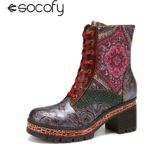 SOCOFY Women Shoe Embossed Floral Genuine Leather Embroidery Splicing Warm Lining Comfy Casual Round Toe Chunky Heel Short Boots