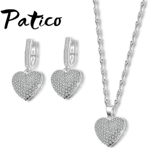 925 Sterling Silver Jewelry Sets Heart Necklace Pendent Drop Earrings Heart Party Crystal Cubic Zirconia