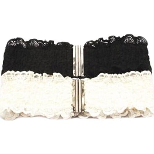 Women Fashion Lace Clasp Buckle Elastic Stretch Corset Waist Belt (Black/White) BLTLL0021
