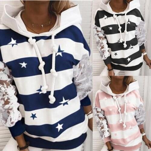 Women Casual Hoodie Pullover Lace Patchwork LongSleeve Star Stripe Loose Hoodie Sweatshirt Casual Loose Hooded Simple Streetwear