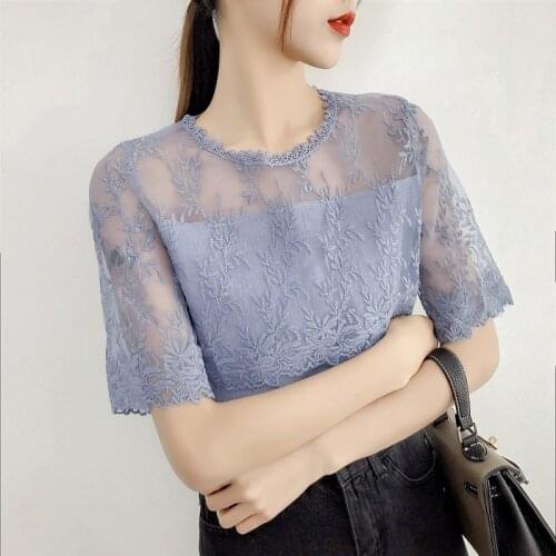 Womens Spring Summer Style Chiffon Blouses Shirt Womens Elegant Printed Solid Color O-neck Short Sleeve Lace Tops DD8560