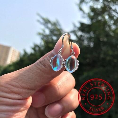 Moonstone 925 Sterling Silver Colorful Natural Stone Long Dangle Earrings For Women Vintage Fashion Jewelry Pendientes E738