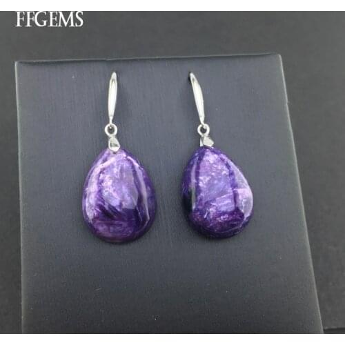 FFGems Natural Charoite Earring 925 Silver Sterling Gemstone Water Drop Fine Jewelry For Women Lady Wedding Party Gift With Box