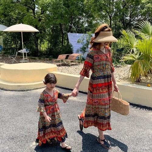 2021 Summer New Women Girls Bohemian Beach Dress Mother and Daughter Dress Short Sleeve Mommy and Me Family Matching Clothes