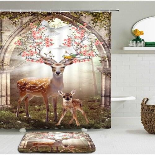 2Pcs/Set European Retro Flower Bird Shower Curtains Set Mat Bathroom Waterproof Bath Curtains With Rectangle Non-slip Floor Mat