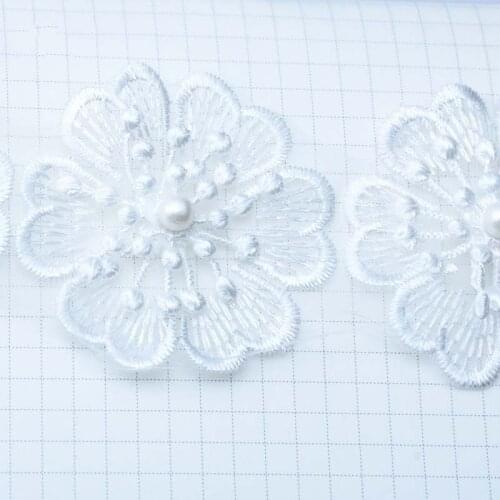20Yards White Embroidered 2-layer Flower Patch Ribbon Applique Pearls Lace Trim Fabric Wedding Dress Children Accessories