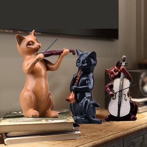 3pc/Set Resin Music Cats Statue Violin Sculpture Musician Figurine Cute Animal Ornament Window Display Cabinet Home Decor