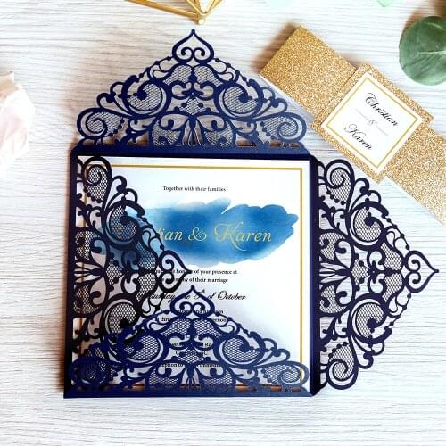 50pcs Custom Navy Blue Square Laser Cut Glitter Gold Wedding Invitations with Envelope for Wedding, Party