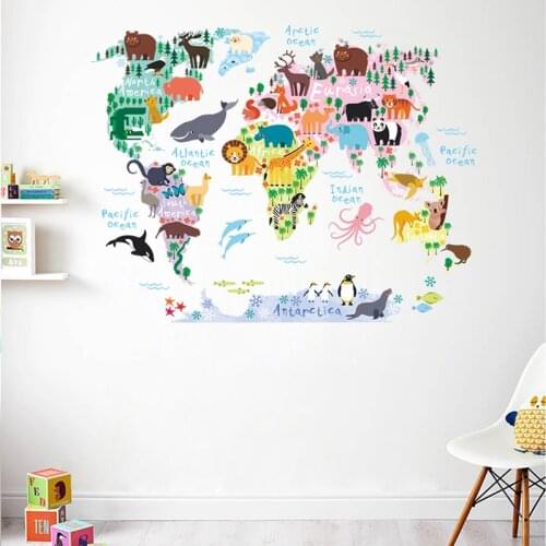 Big Animals World Map Wall Stickers for Kids Room Kindergarten Classroom Decoration Home Decor DIY Wall Safari Mural Art Decals