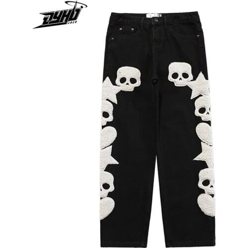 Vintage Pocket Skull Embroidery Straight Cargo Pants Men And Women Oversize Jeans Trousers 2021 Harajuku Streetwear Denim Pants