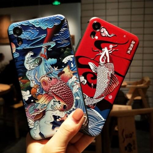 For iPhone 12 11 Pro Max Mini XS Max XS XR X 8 7 Plus 6 6S Plus SE 2020 Case 3D Relief Carp Pattern Soft Cover Case Funda Coque