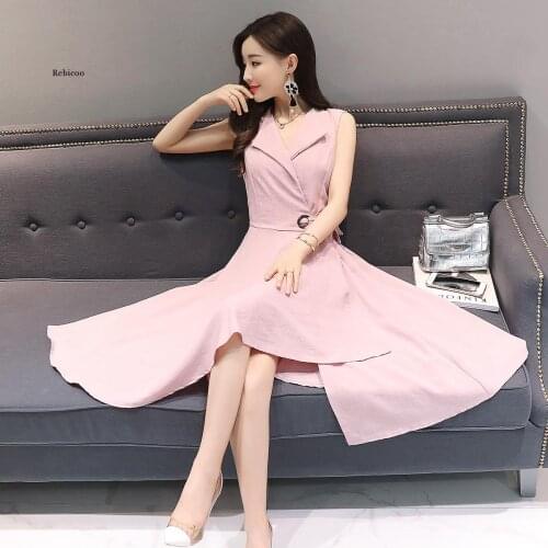 Women Cotton Linen Fashion Irregular Bow Summer Dress Slim V-Neck Sleeveless Party Dress Vestidos Women Clothing Plus Size
