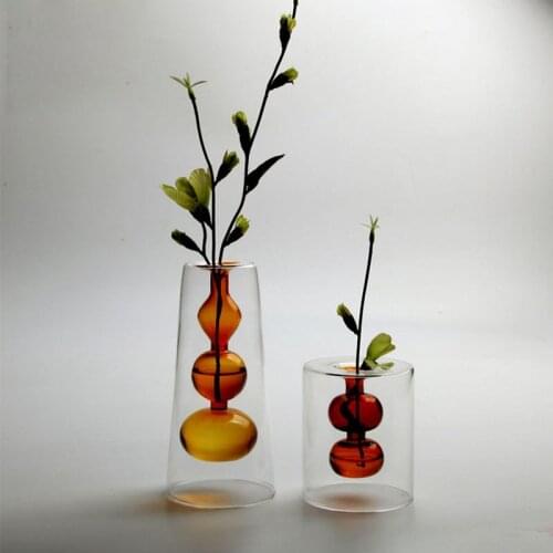 Nordic Double-Layer Color Glass Vase Desktop Hydroponic Flower Vase Ornament Home Decoration Cofee Table Birthday Wedding Gift