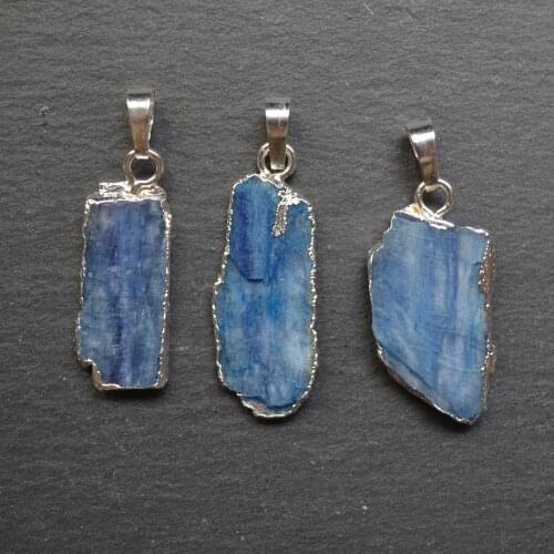 Blue kyanite pendant with silvery electroplated edges