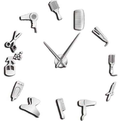 HOT-Diy Barber Shop Giant Wall Clock with Mirror Effect Barber Toolkits Decorative Frameless Clock Watch Hairdresser Barber Wall