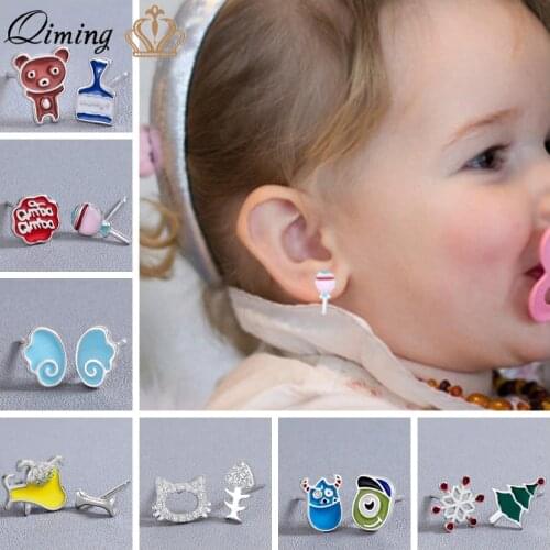 Tiny Asymmetrical Earrings fashion Enamel Cartoon Stitch Bear Candy Dog Crystal Children Kids Baby Earrings Women Cute Gift