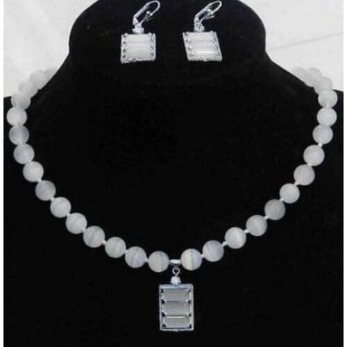 New hot Beautiful White Mexican Opal Round Beads Gems Pendant Necklace Earring Set 18"