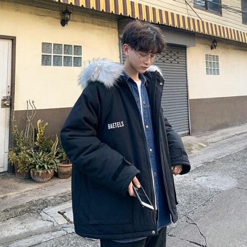 INXYZ 2021 Mens Fashion Cotton Jacket Fur Collar Thicken Solid Color Oversize Jacket Unisex Autumn Winter All-match Parka