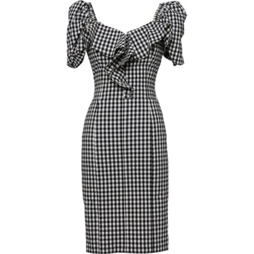 PERHAPS U Black Blue Plaid V Neck Ruffle Puff Short Sleeve Empire Bag Hip Mini Dress Summer Casual D1577