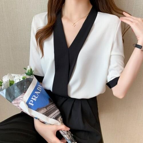2021 New Korean Women Tops Blouse White Blouse V-neck Shirt Temperament Thin Seven-sleeve Chiffon Tops Female Blusas 15450