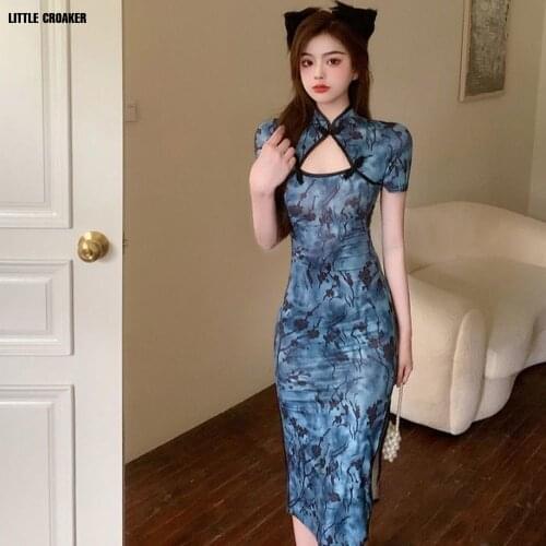 Blue Dress Mandarin Collar Qipao Chinese Dress Modern 2021 Improved Retro Evening Silk Dress Cheongsam Elegant Women Dress Slim