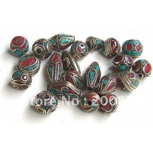 Mix Wholesale 50PCS Nepal Hand Metal Loose Beads Inlay Colorful Stone Free Shipping