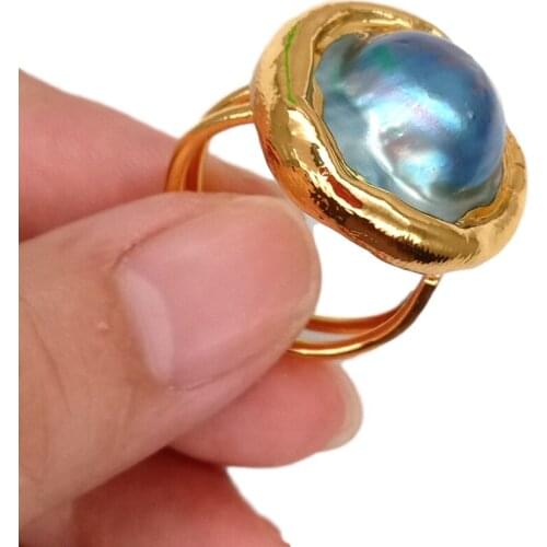 YYGEM Gorgeous natural 24mm Gray Mabe Pearl With Electroplated Edge Ring Adjustable luxury for women