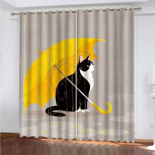 Custom Curtain Cute Kitten With Umbrella In The Rain Blackout Curtains Heat Insulation 3D Curtain For Children Bedroom