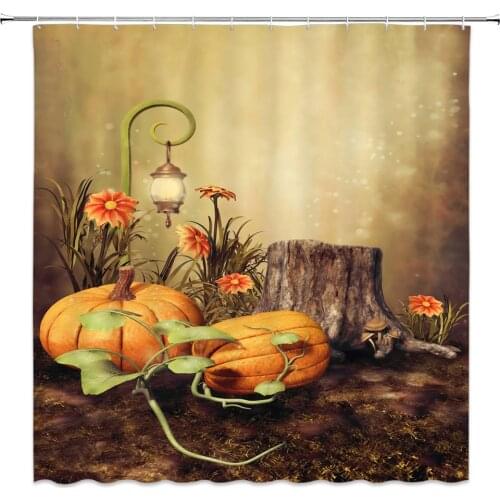 Fall Farm Shower Curtains Orange Pumpkin Flower Plant Tree Stump Natural Scenery Bathroom Polyester Cloth Hanging Curtain Set