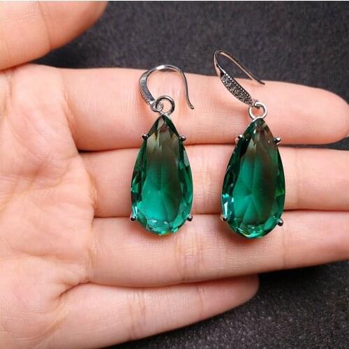 New Silver Emerald Hook Earrings For Women Plating Platinum Big Water Drop Shaped Blue Crystal Gemstone Earrings Fine Jewelry