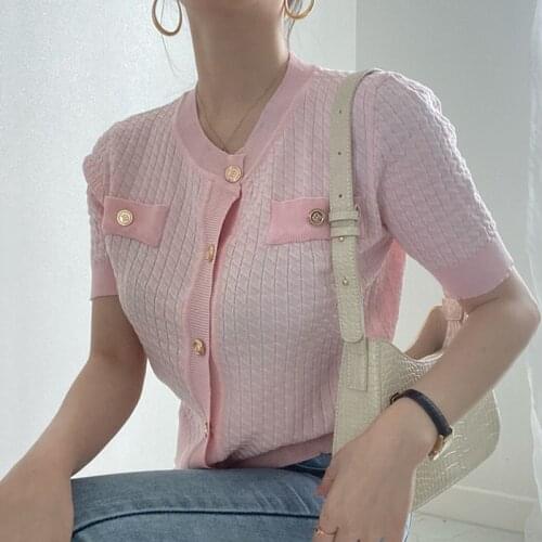 Women Crop Top Short Cardigan 2021 Summer Tops for Women Round Neck Single-breasted 2 Pocket High Waist Sweater Shirt