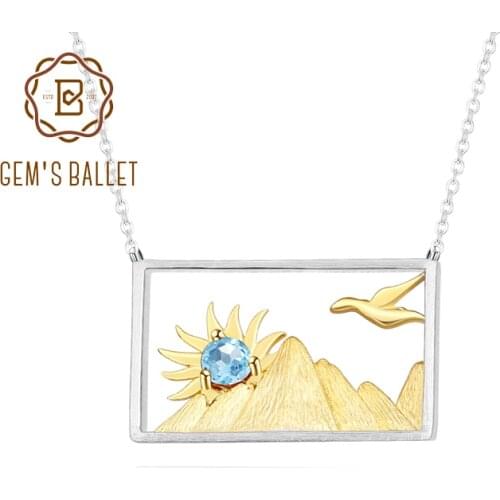 GEMS BALLET Handmade 925 Silver 18k Gold Plated Mountain Bird Sun Rectangle Womens Necklace Natural Swiss Blue Topaz Gemstone