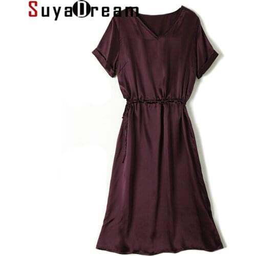 SuyaDream Woman Silk Dress 100%Silk Satin Solid Short Sleeved A-Line Sashes Midi Dresses 2021 Spring Summer Chic Dresses
