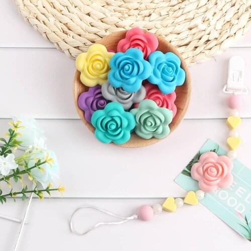 Kovict 10Pcs Rose Silicone Beads BPA Free Flower Shape DIY Pacifier Chain Bracelet Baby Teething Necklace Accessories Toys