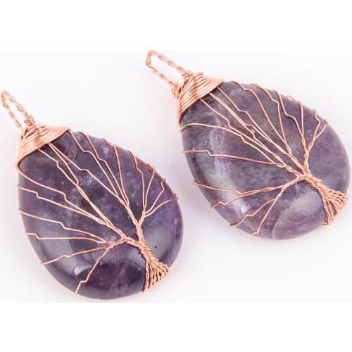 2019 Gold Color Tree of Life Wire Wrap Water Drop Necklace Pendant Natural Gem Stone Pink Quartz Tiger Eye Green Aventurine D322