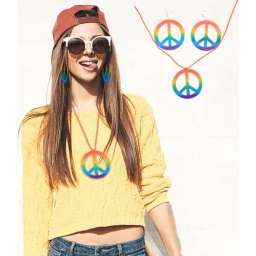 6Pcs Lovely Halloween Party Supplies Hippie Accessories Colorful Rainbow Peace Sign Pedant Necklace Set Unisex Party Decoration