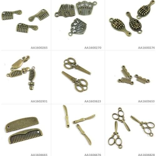 Antique Bronze Tone Jewelry Charms Hair Haircut Scissors Knife Razor Haircomb Hair Comb Connector Bracelet Pendant Necklace