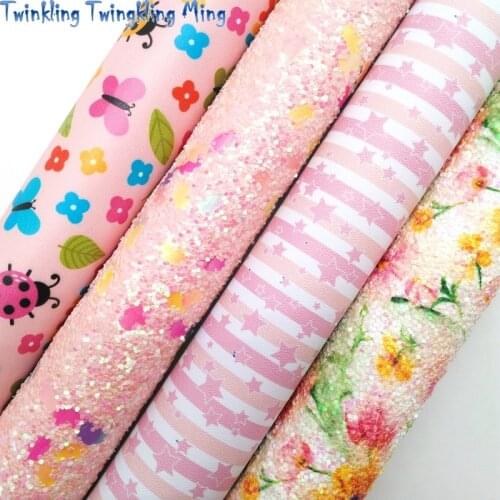Twinkling Twinkling Unicorn Chunky Glitter Leather Felt Backing Stripe Flowers Synthetic Vinyl Faux Leather Fabric 21X29CM KM532