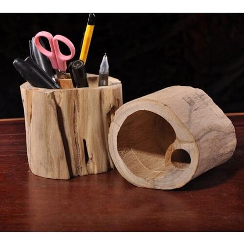 Pen Holder, Solid Wood Desk Pen Pencil Holder Stand Multi Purpose Use Pencil Cup, 2 Compartments Desk Organizer for Makeup Brush