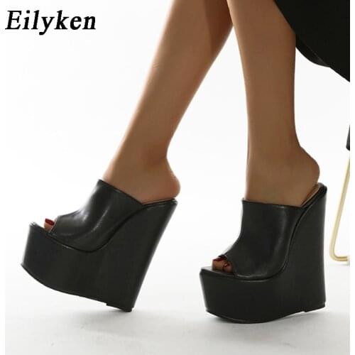 Eilyken Newest Popular Fashion Peep Toe Platform Wedge Slippers Black Summer Shoes Woman Super High Heels Sandals Size 35-42