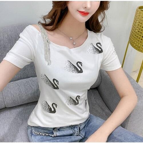 2021 Off Shoulder Womens Cotton T-Shirt Printing Short Sleeve Women T shirt For Female Slim Diamond Tops Woman T Shirts Summer