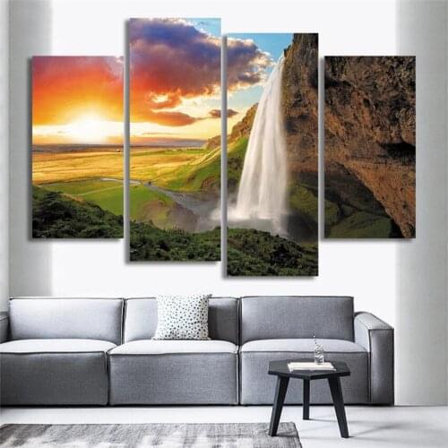 Hot Sale Sunrise Waterfall Canvas Painting Mountain Tree Printed On Canvas Cuadros Abstractos Wall Picture For Home Decoration