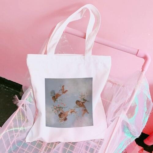 Angel 90s Fashion Girls Canvas Tote Bag Kawaii Cute Angel Printed Vintage Ullzang Shopping Bags Foldable Handbag Harajuku