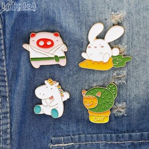 Imixlot Cute Rabbit Pig Cat Unicorn Enamel Pins Button Badge Brooches Backpack Bag Clothes Lapel Pin Cartoon Animal Jewelry Gift